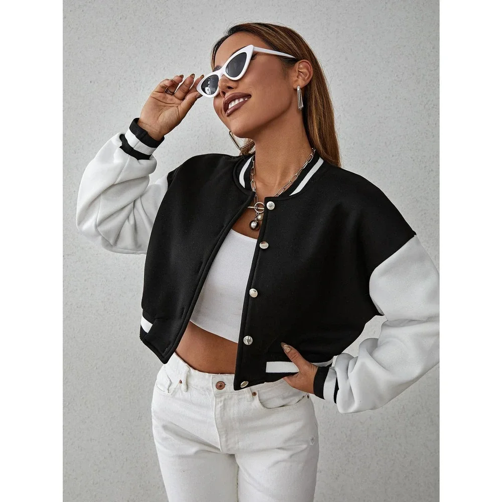 Drop Shoulder Two Tone Crop Bomber Jacket preppy black white - Picture 1 of 11